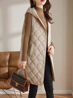 清仓特价~秋冬轻薄羽绒棉马甲女中长款大衣内搭背心夹棉连帽马夹