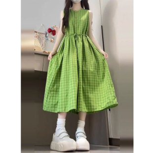 收腰长裙 高级感无袖 清仓活动 新款 绿色格子绑带背心连衣裙女夏季