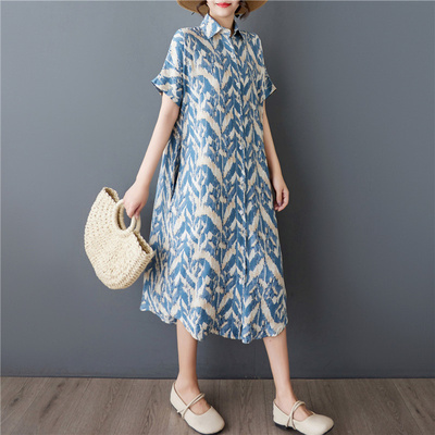 印花短袖纯棉中长款衬衫连衣裙女