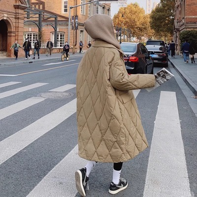 清仓捡漏棉衣女菱形格针织帽中长款棉服女潮外套2024新款秋冬棉袄