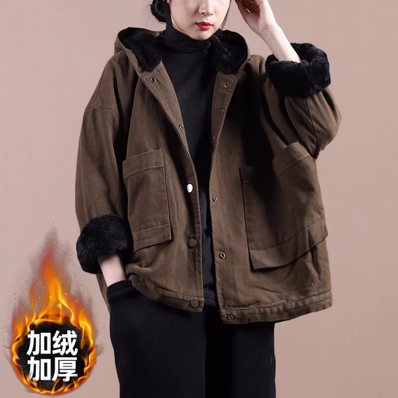 清仓捡漏~加绒加厚连帽牛仔外套女秋冬保暖大码宽松复古百搭棉衣