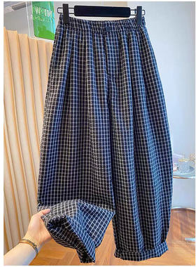 黑色格子休闲裤女夏季薄款大码
