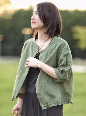 薄款棉麻开衫宽松短外套女