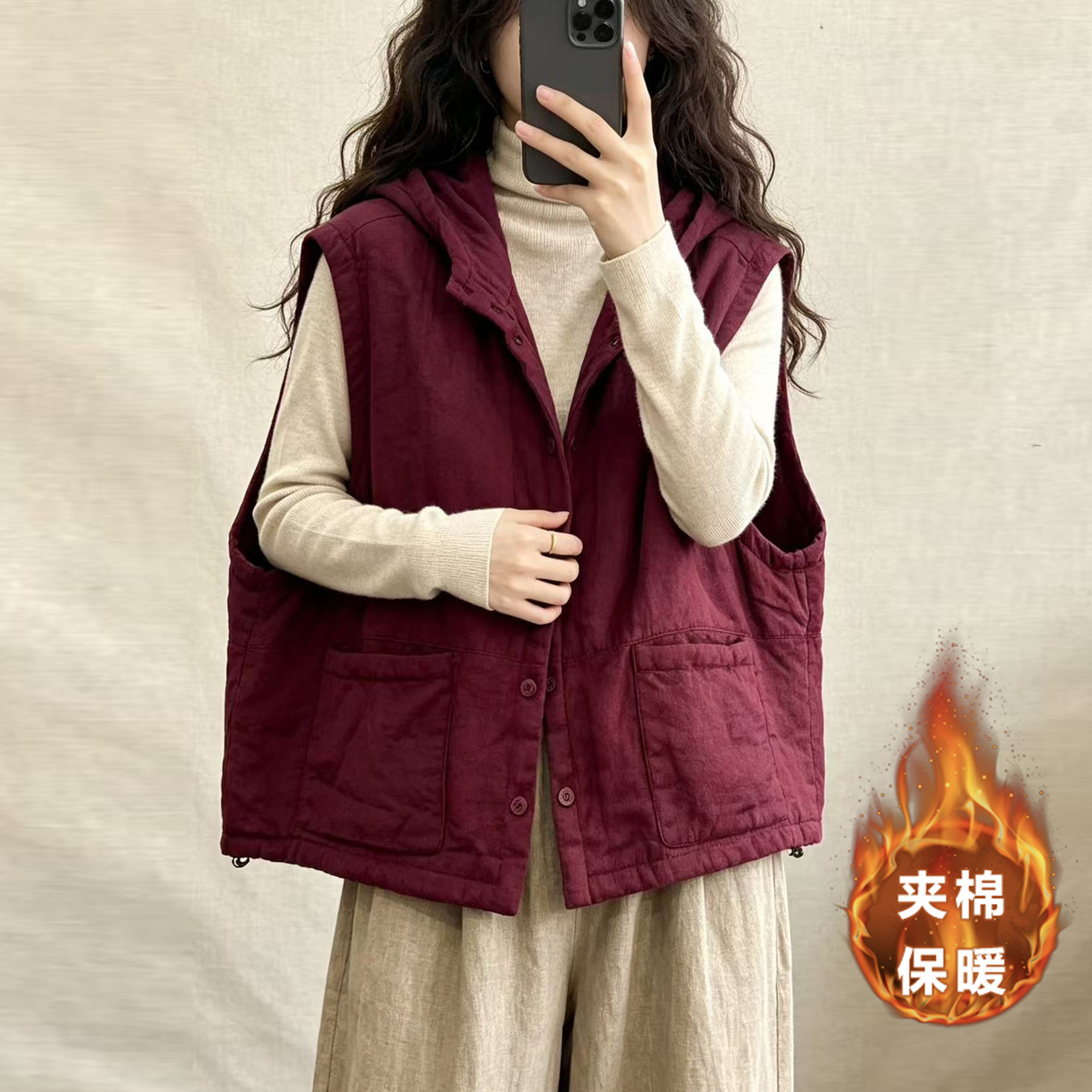 连帽叠穿棉服马甲外套女秋冬宽松口袋坎肩无袖保暖外搭~清仓特价