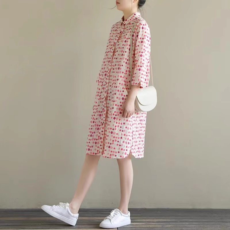 夏季薄款棉麻五分袖衬衫裙女圆点印花绑带中长款连衣裙~清仓特价