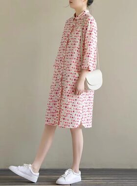 夏季薄款棉麻五分袖衬衫裙女圆点印花绑带中长款连衣裙~清仓特价