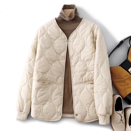 清仓折扣~冬季新款菱格羽绒棉衣棉服杏白短款外套宽松夹棉小棉袄