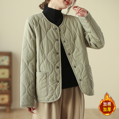 清仓特价~夹棉绗缝小棉袄日系浅绿轻便圆领薄棉衣女秋冬保暖外套