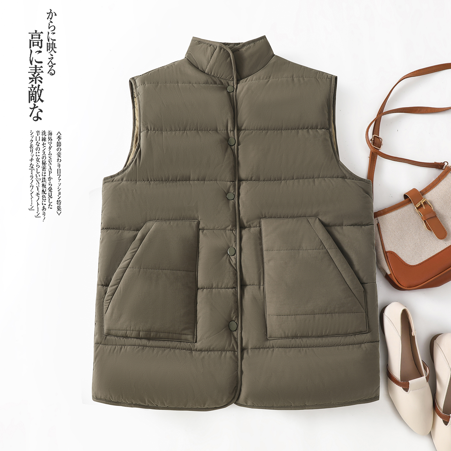 2025秋冬无袖薄棉衣立领夹棉马甲女士双口袋休闲背心宽松黑色马夹