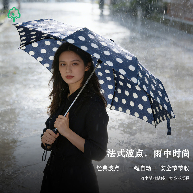 韩国时尚伞台湾进口布无黑胶涂层三折叠全自动防爆冲女蓝色波点伞