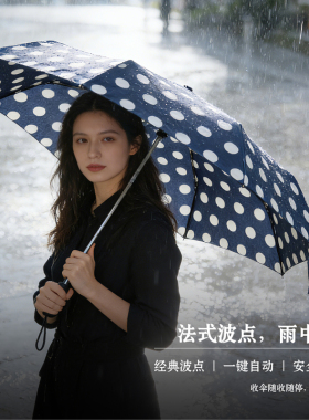 韩国时尚伞台湾进口布无黑胶涂层三折叠全自动防爆冲女蓝色波点伞
