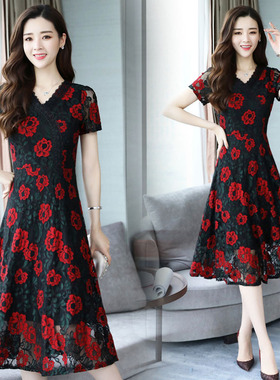 深依度2023夏装新款大码女装夏季时尚优雅V领蕾丝连衣裙  1820