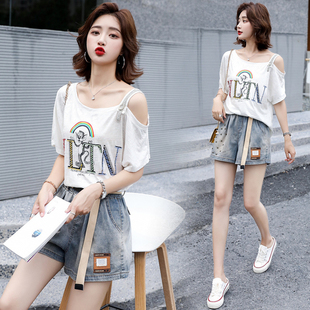 新款 套装 女装 气质烫钻牛仔短裤 8935 两件套时尚 深依度2023夏装