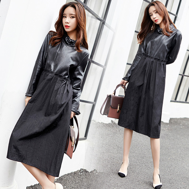 深依度2023秋冬装新款女装秋冬季中长裙子长袖皮衣连衣裙   6092