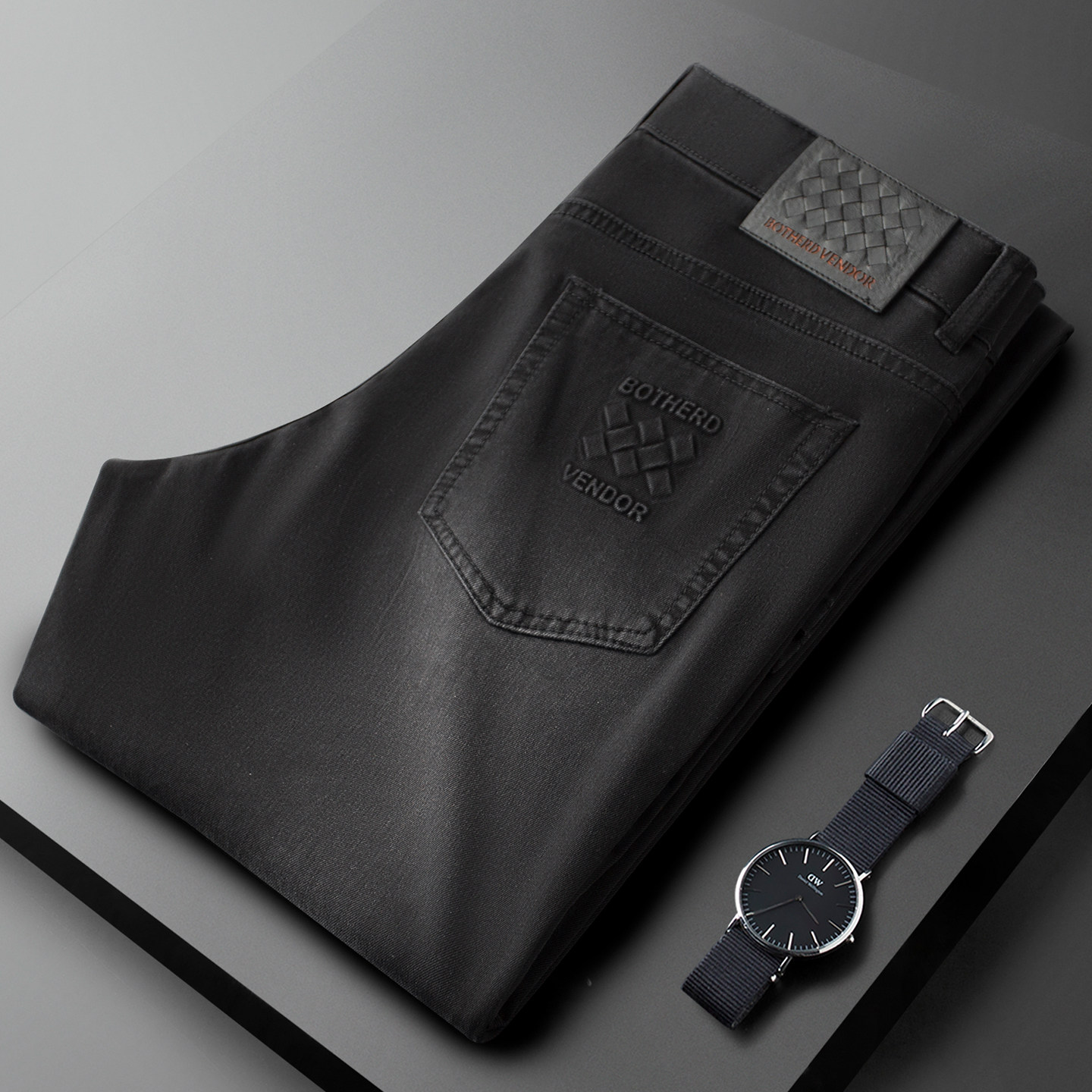 轻奢高级感皮牌黑灰色水洗牛仔裤男春夏季薄款修身直筒商务休闲裤