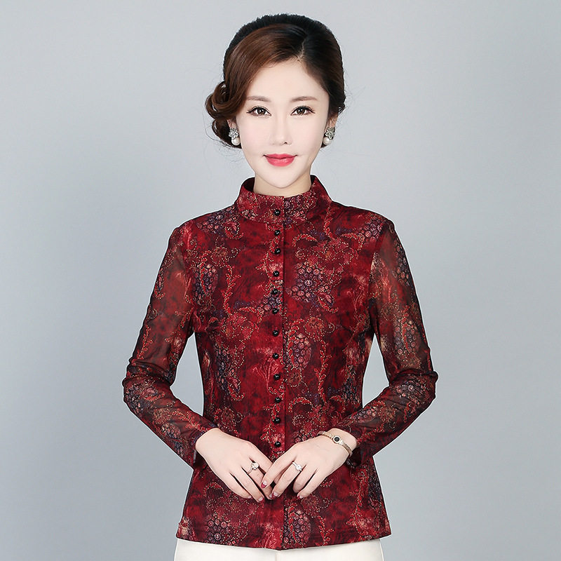 竹语声品牌妈妈女装衬衫台湾网纱长袖开衫上衣大码中年妇女弹力