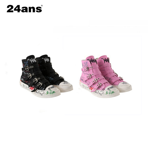 24ANS LTD 朋克grunge帆布鞋 ⑴手工做旧涂鸦⑵多层搭扣结构设计