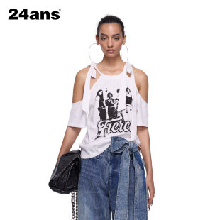 Neck 烫钻人像印花挂脖系带露肩短袖 tied shirt T恤 24ans