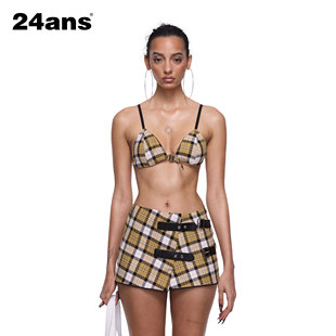 格纹bra上衣皮盼格子半身裙两件套装 24ans piece two Grid