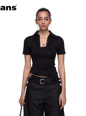 24ans 【李芊语同款】后背露腰字母印花polo领拼接花边短袖T恤