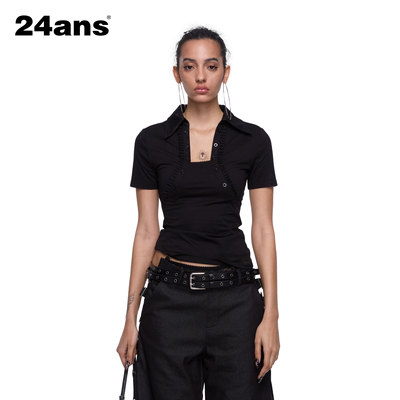24anspolo领拼接花边短袖T恤