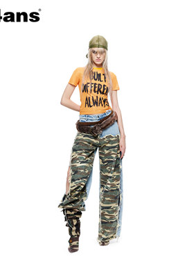 24ANS LTD 朋克grunge牛仔⑴迷彩面料拼接⑵破坏毛须边⑶酵素精洗