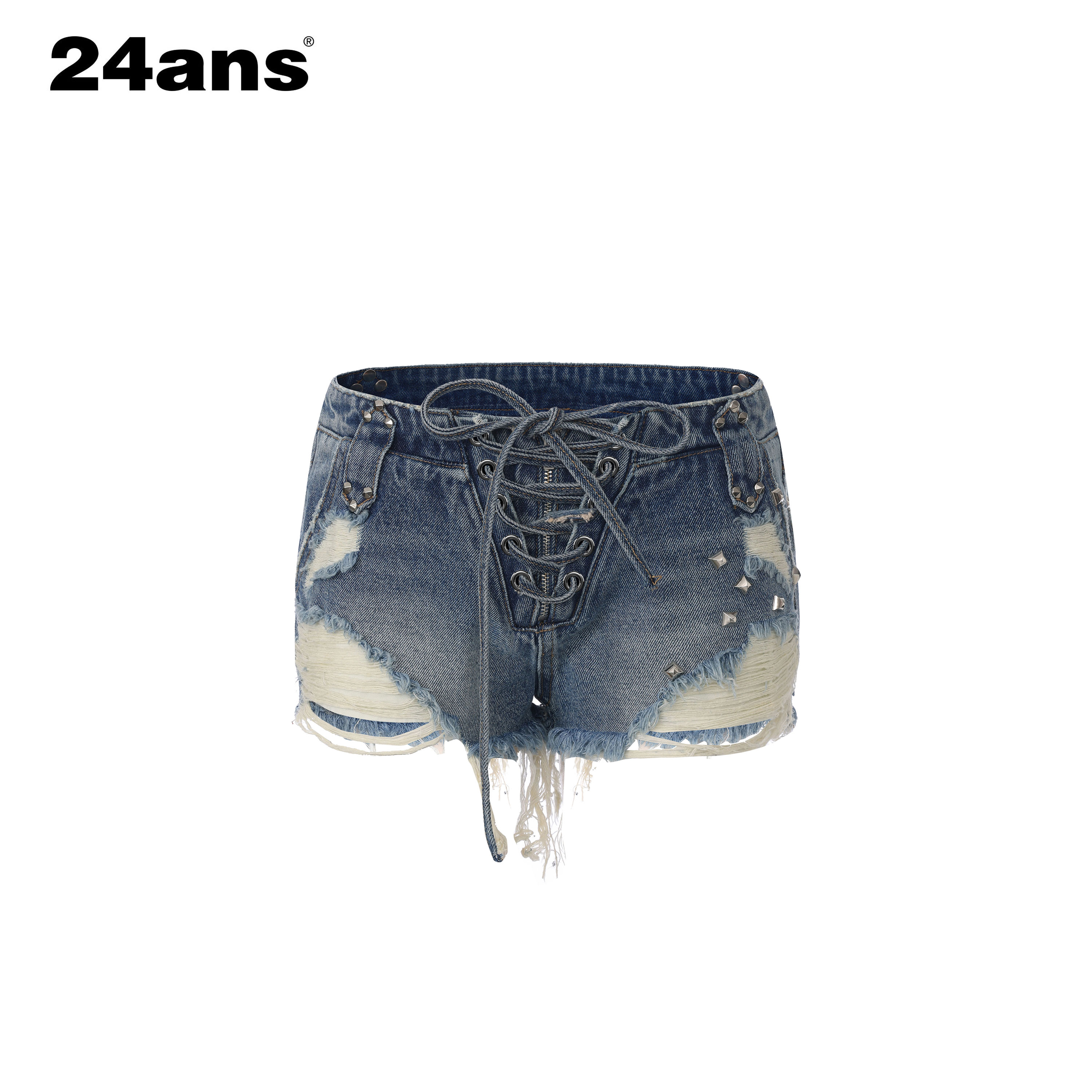 24ANS LTD 轻亚punk牛仔短裤⑴不规则破坏⑵绑带调节⑶手工铆钉