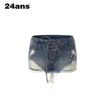 24ANS LTD 轻亚punk牛仔短裤⑴不规则破坏⑵绑带调节⑶手工铆钉