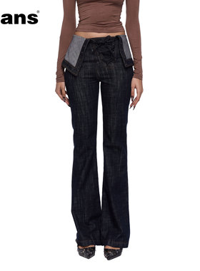 24ans Flared jeans | 绑带翻边设计水洗深色喇叭牛仔长裤