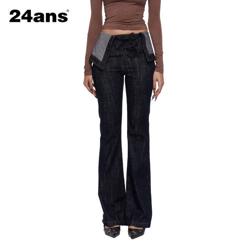 24ans绑带翻边深色喇叭牛仔裤