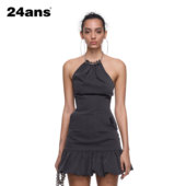 hanging neck dress 24ans 链条挂脖无袖 泡泡花苞收腰短连衣裙