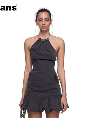 24ans hanging neck dress | 链条挂脖无袖泡泡花苞收腰短连衣裙