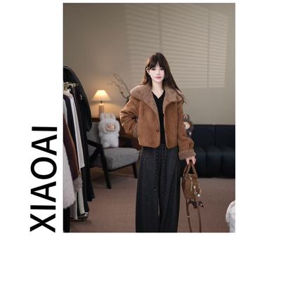 XIAOAI【东岛屿】磨砂皮翻领短款外套羊剪绒复合皮毛一体A2797