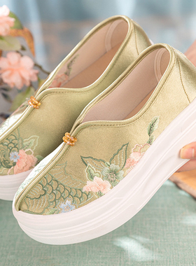 新中式国风单鞋高跟厚底松糕休闲布鞋民族风乐福鞋配汉服马面裙子