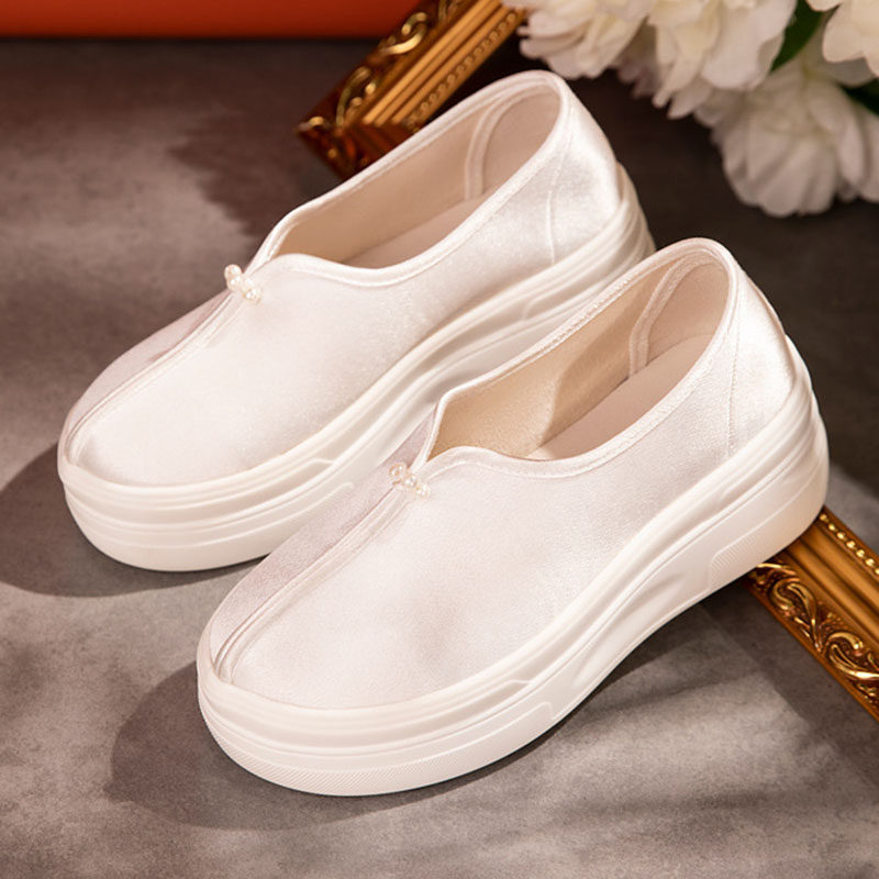 新中式国风女鞋布鞋厚底松糕配旗袍汉服马面裙白色高跟居士禅修