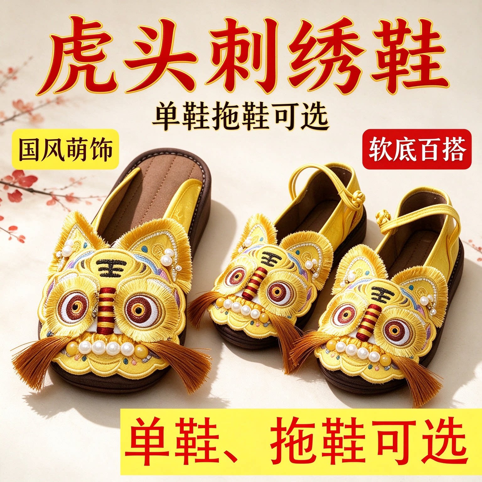中国民族风新中式千层底虎头鞋女非遗手工绣花布鞋包头拖平底黄色