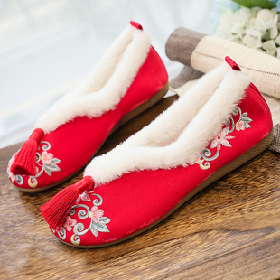 冬季绣花棉鞋女加绒复古中国民族风布鞋平底新娘红色秀禾旗袍汉服