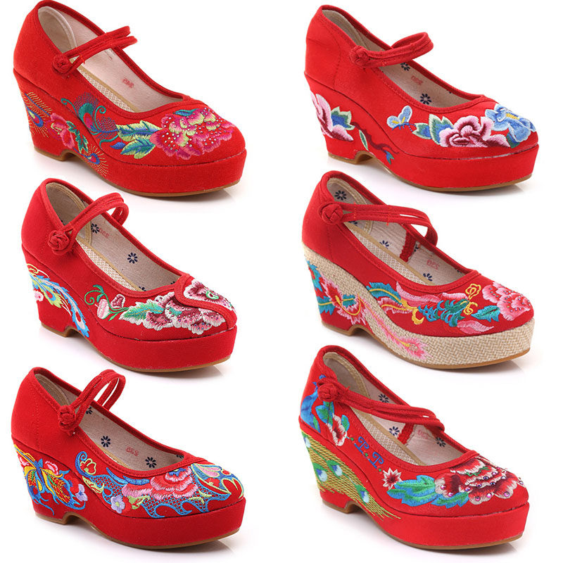Spring and autumn payment Cloth shoes High-heeled Ethnic style Embroidered shoes China Antiquity High-heeled Wedding shoes gules Satin With slope The thickness of the bottomin the Women's Shoes, Low shoes  category - from Buy2taobao.com to provide professional Taobao agent buy service