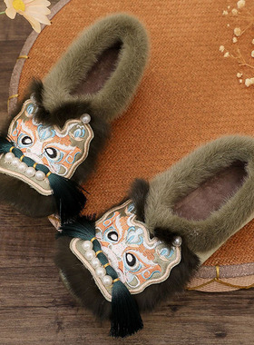 新中式虎头鞋成人绣花中国古风汉服民族风布鞋单鞋棉鞋平底拖鞋