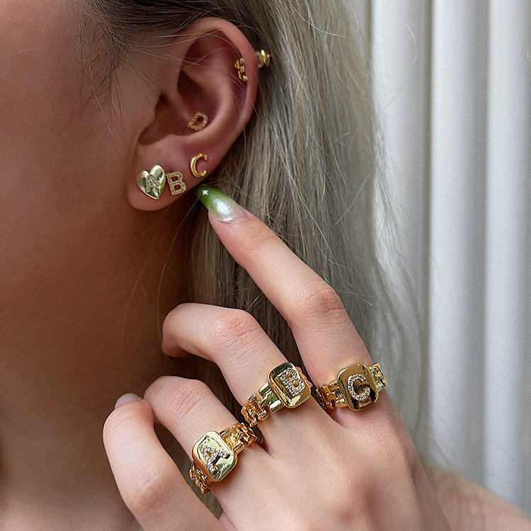 for angel / 欧美ins辣妹微镶锆钻铜镀金立体英语字母开口戒指