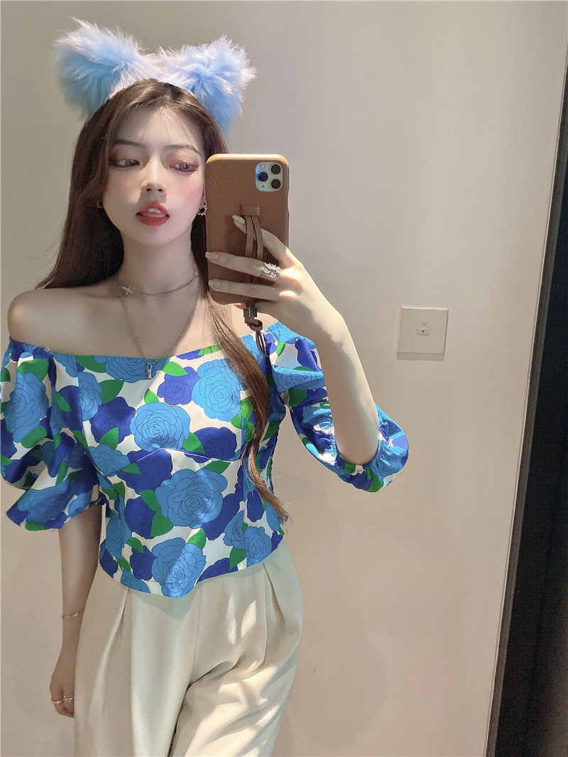 New style bubble sleeve one shoulder floral short sleeve top