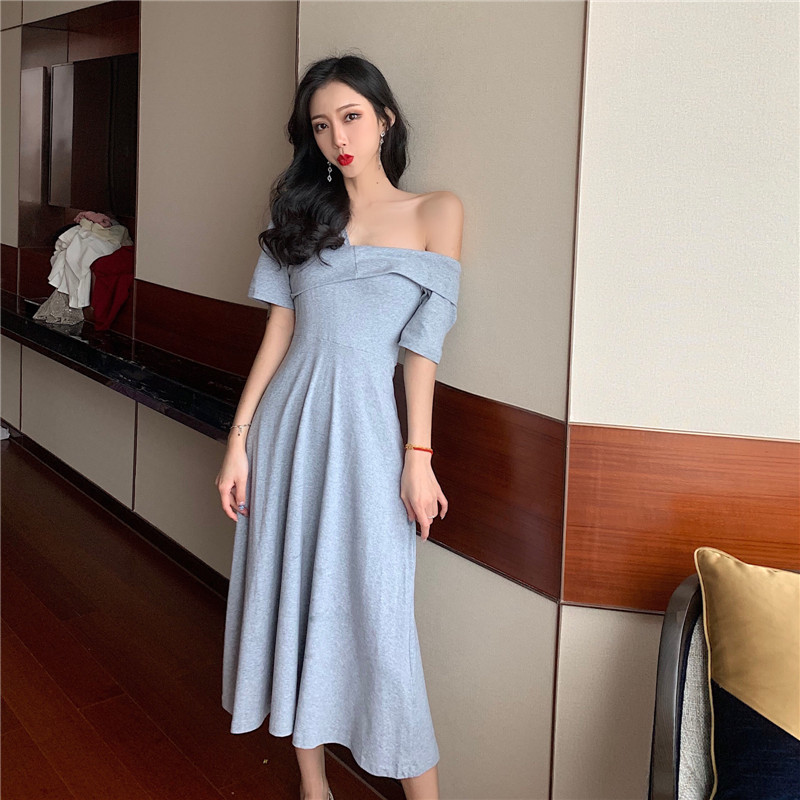 Real shot real price new style high waist short sleeve knee cotton medium long dress