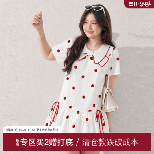 YUZI鱼子甜美蝴蝶结草莓连衣裙印花娃娃领短袖显瘦减龄裙大码女装