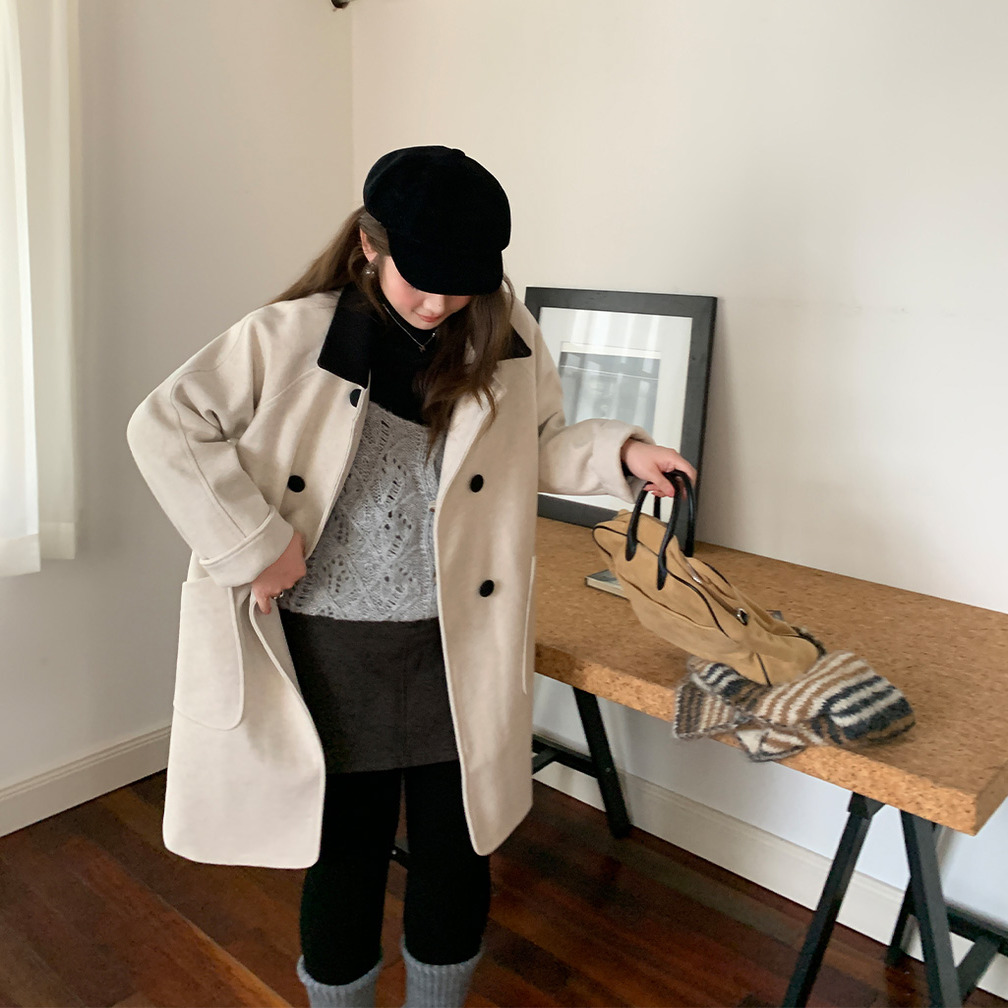 YUZI鱼子双排扣夹棉毛呢大衣大码