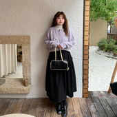 YUZI鱼子黑色A字半身长裙女可系蝴蝶结木耳边秋冬高腰显瘦大码 女