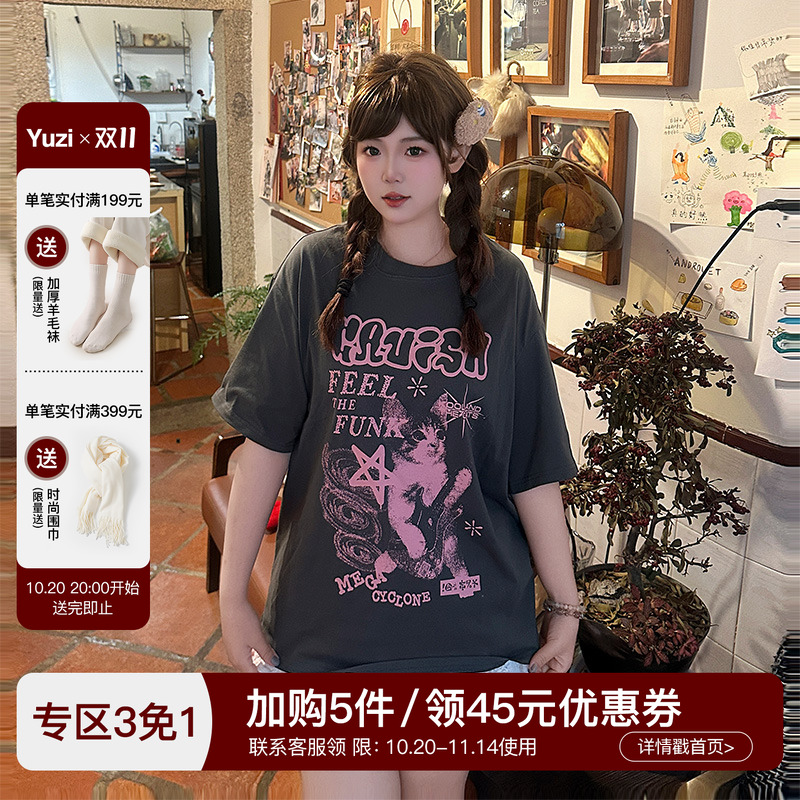 YUZI鱼子减龄撞色猫咪T恤纯棉
