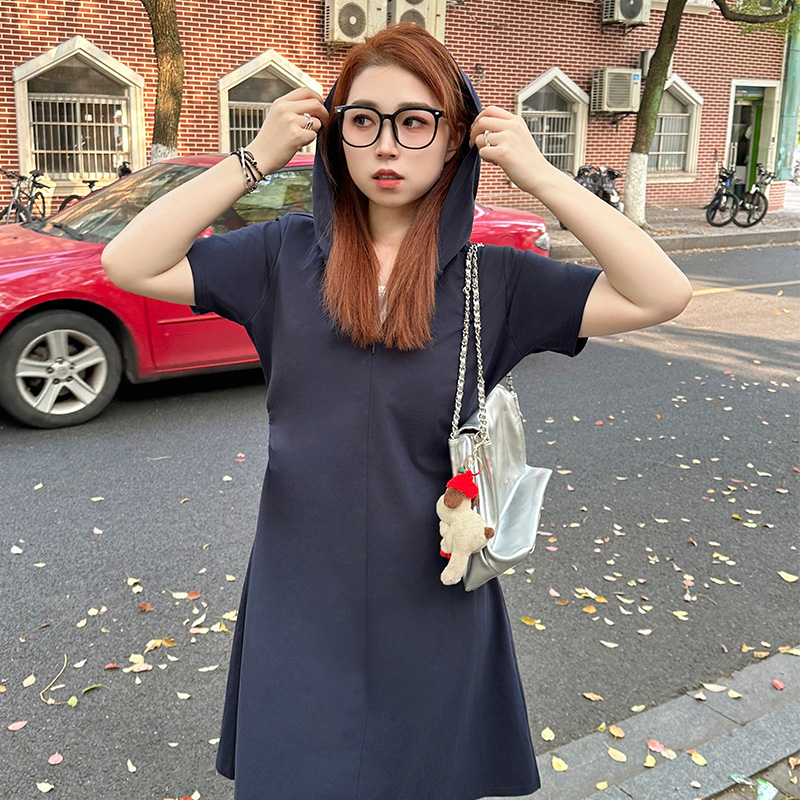 YUZI鱼子撞色假两件连衣裙大码女装夏微胖mm收腰显瘦遮肉A字版型