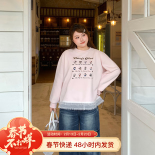 YUZI鱼子甜酷猫咪卫衣韩版设计蕾丝下摆拼接圆领宽松休闲大码女装