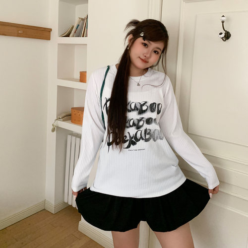 YUZI鱼子白色长袖T恤大码女装
