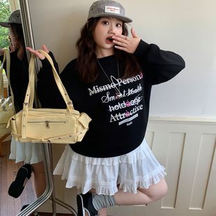 YUZI鱼子圆领撞色印花卫衣大码 微胖mm显瘦遮肉200斤新潮运动 女装